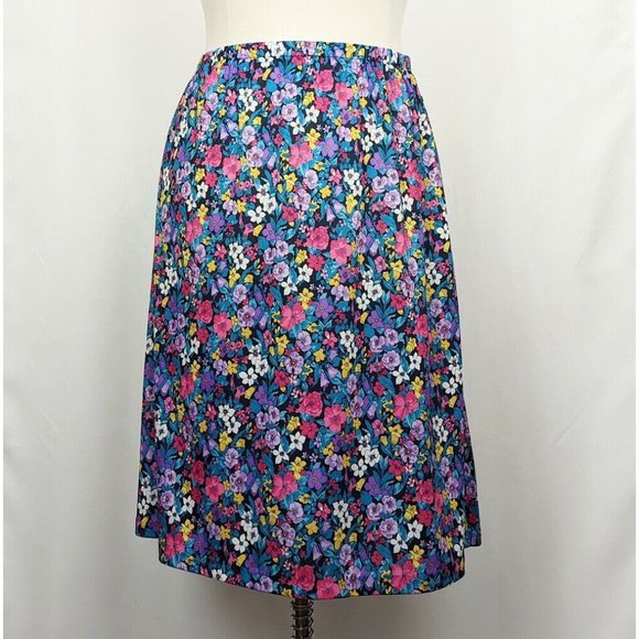 Vintage Dresses & Skirts - Vintage 80s Skirt Black Floral Print Midi Women's 22W